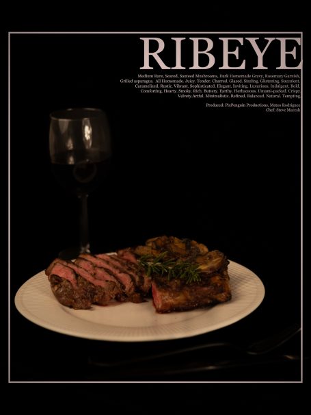 A plated ribeye steak with garnishes and a glass of red wine, set against a dark background.