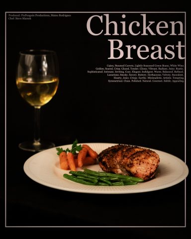 Grilled chicken breast on a white plate with carrots and green beans, alongside a glass of wine.